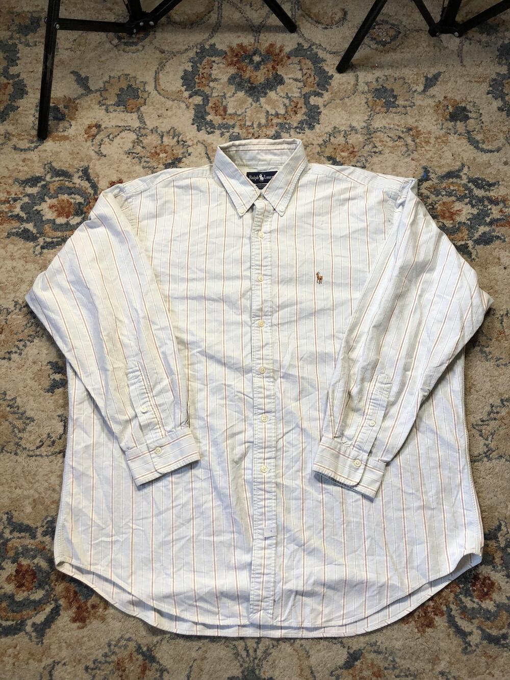 Ralph Lauren Yarmouth Shirt Mens 17.5 35 Blue Striped Button Down Long Sleeve